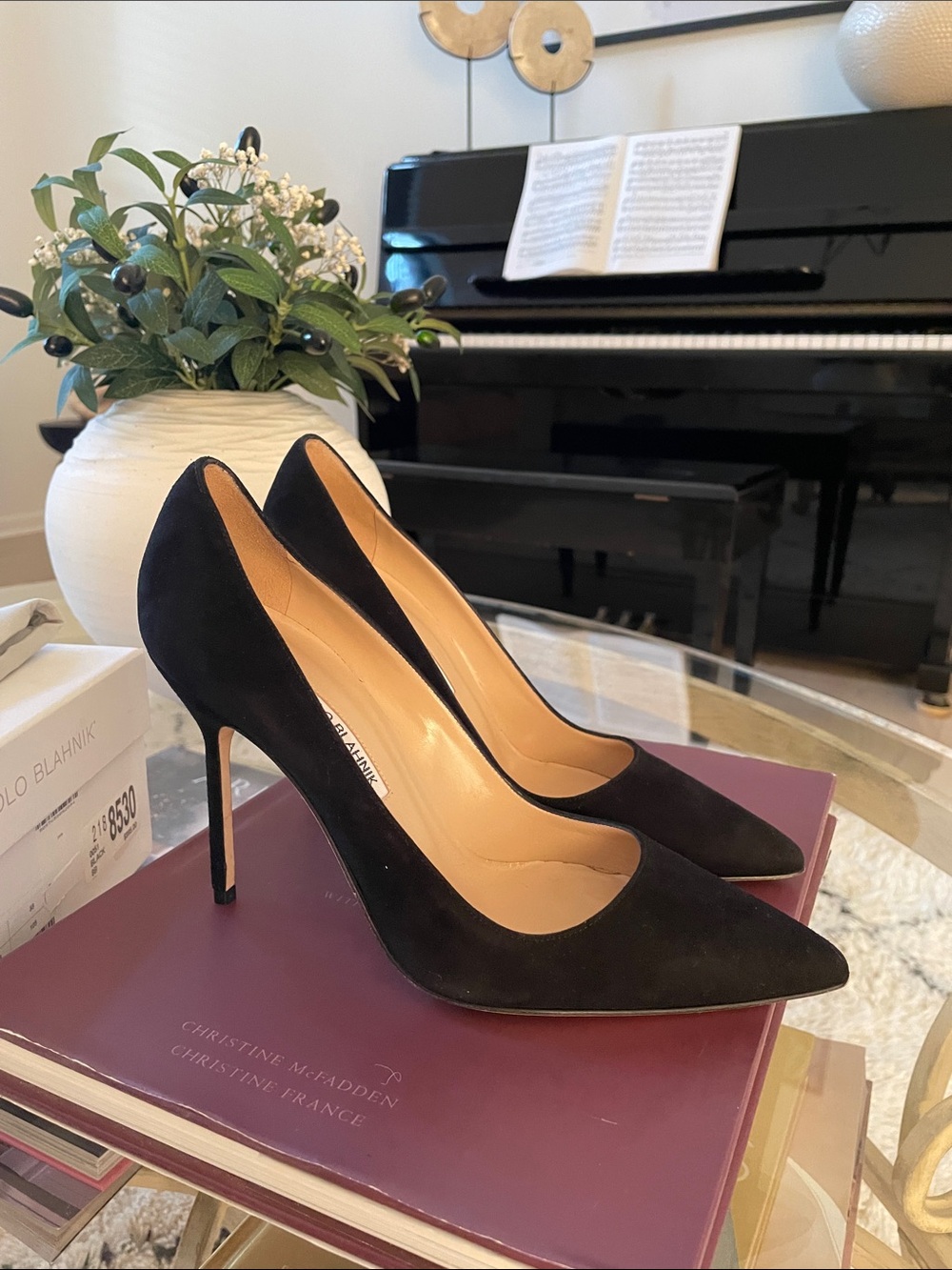 Manila Blahnik Black BB Suede Pointed-Toe Stiletto Pumps